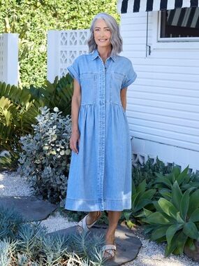 MAYE Harper Dress 100% Cotton Button Down Light Blue Denim Size Large VGUC